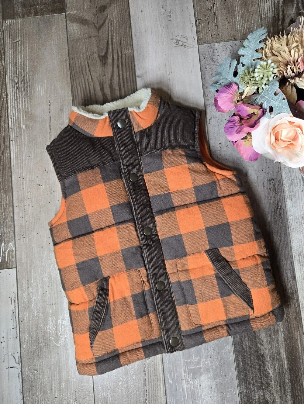 Gymboree Toddler Boy Orange and Brown Buffalo Plaid Puffer Vest Size 2T-3T NWOT